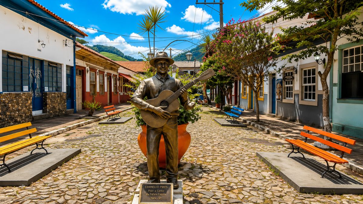 Fotografia da estátua de bronze de Cornélio Pires tocando violão no centro de Conservatória, mostrando a rua de paralelepípedos com casario colonial colorido, bancos de praça e montanhas ao fundo.