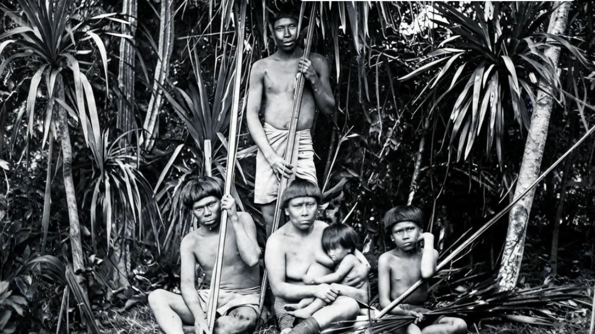 Fotografia em preto e branco mostrando uma família de indígenas da etnia Goitacás inserida em meio à vegetação densa da Mata Atlântica, segurando arcos e flechas compridos.