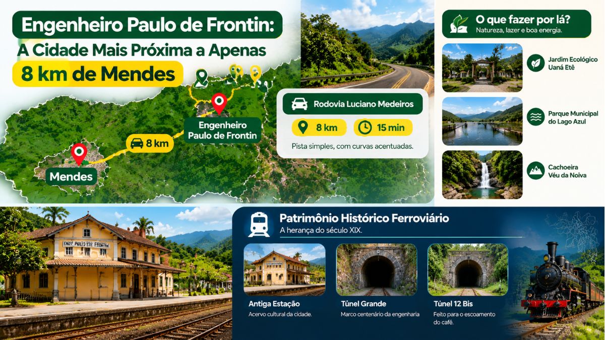 Infográfico sobre a rota de Mendes para Engenheiro Paulo de Frontin a 8 km mostrando atrações turísticas e o patrimônio histórico ferroviário.