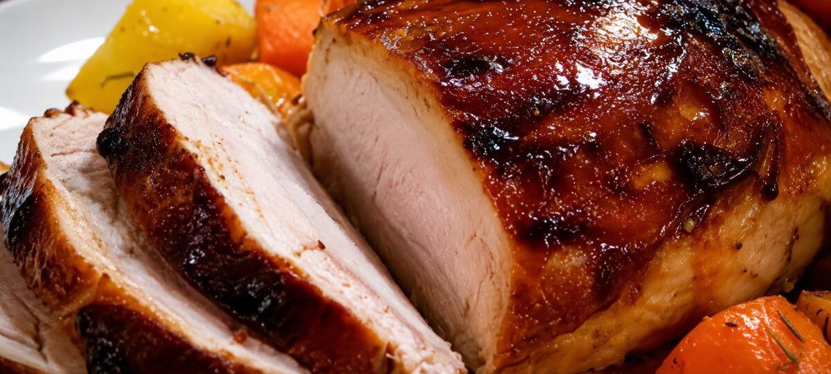 Fotografia em close de um lombo de porco assado fatiado em uma travessa com legumes. A carne apresenta uma crosta dourada e brilhante caramelizada, ladeada por batatas amarelas e cenouras laranjas assadas.