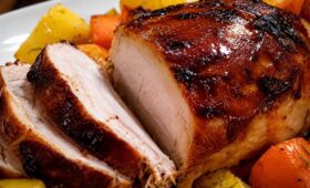 Fotografia em close de um lombo de porco assado fatiado em uma travessa com legumes. A carne apresenta uma crosta dourada e brilhante caramelizada, ladeada por batatas amarelas e cenouras laranjas assadas.