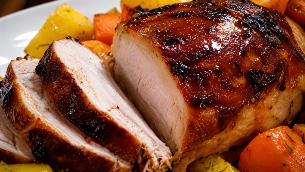 Fotografia em close de um lombo de porco assado fatiado em uma travessa com legumes. A carne apresenta uma crosta dourada e brilhante caramelizada, ladeada por batatas amarelas e cenouras laranjas assadas.