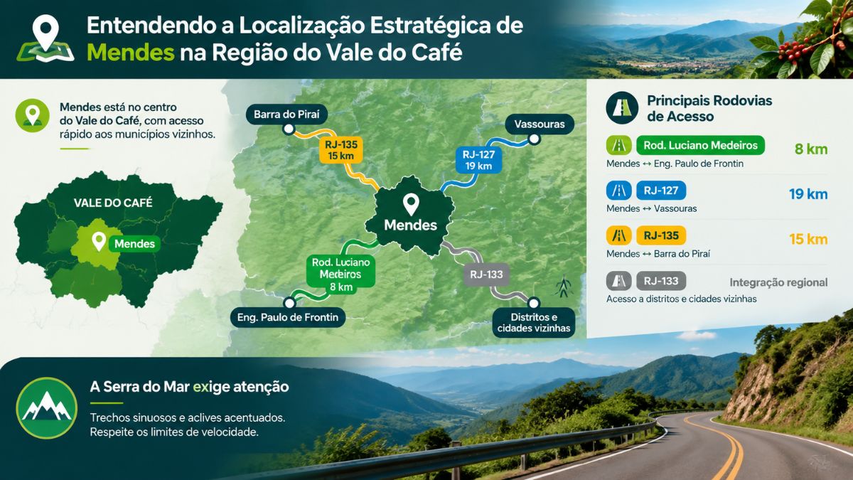 Infográfico com mapa da localização de Mendes indicando as rodovias Luciano Medeiros, RJ 127 e RJ 135 até Paulo de Frontin, Vassouras e Barra do Piraí.