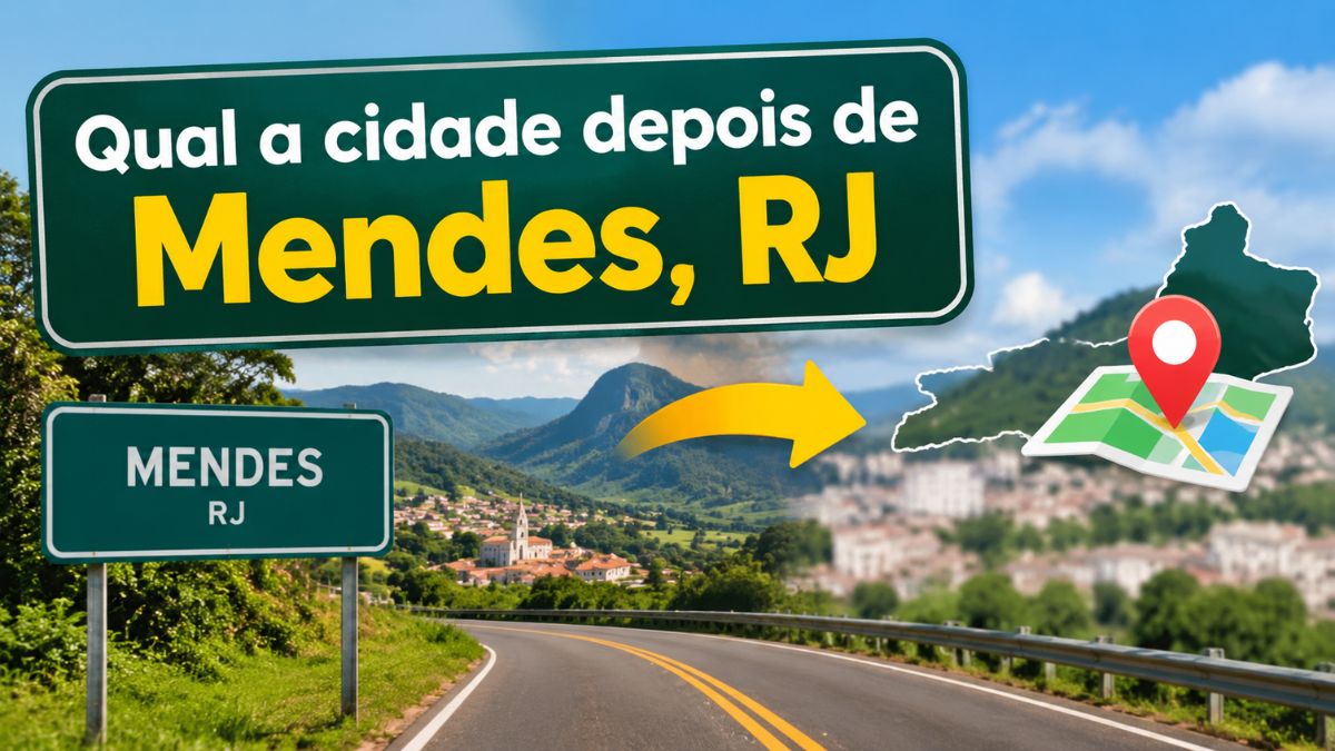 Placa rodoviária verde com o texto qual a cidade depois de Mendes, RJ apontando para uma estrada na serra do Vale do Café com ícone de mapa e localização.