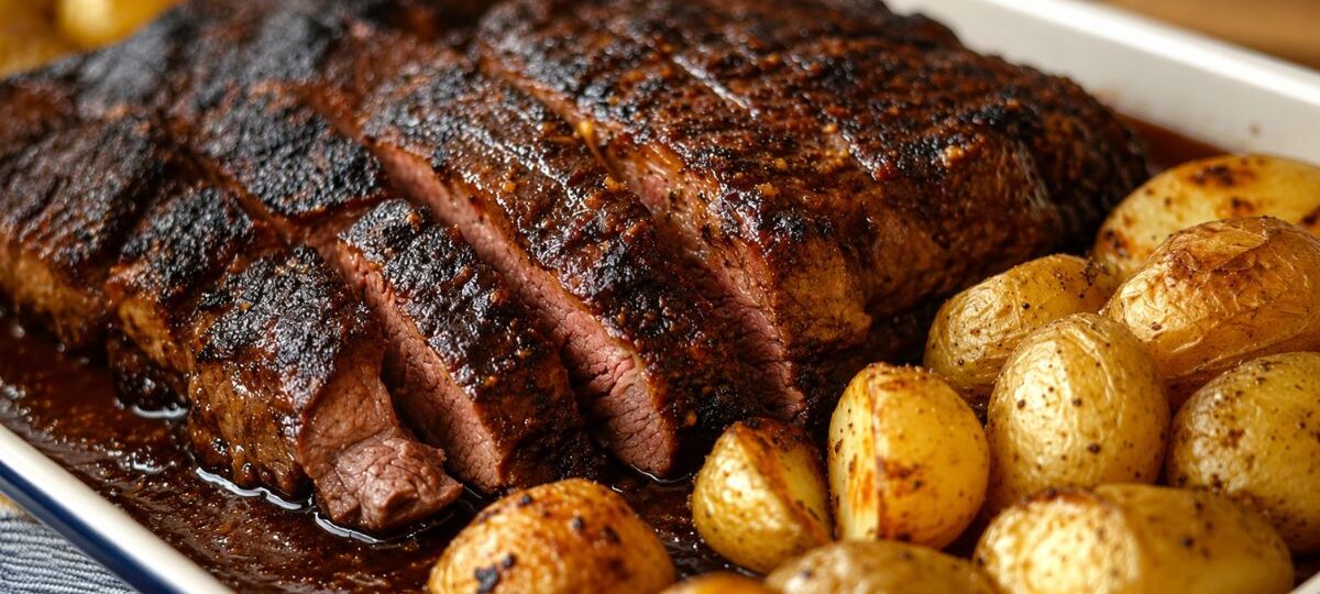 Uma assadeira branca contendo um pedaço grande de peito bovino assado e fatiado, revelando o interior rosado e a crosta escura, cercado por batatas bolinhas douradas em um molho rico.