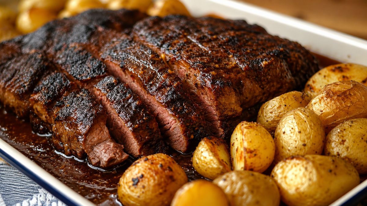 Uma assadeira branca contendo um pedaço grande de peito bovino assado e fatiado, revelando o interior rosado e a crosta escura, cercado por batatas bolinhas douradas em um molho rico.