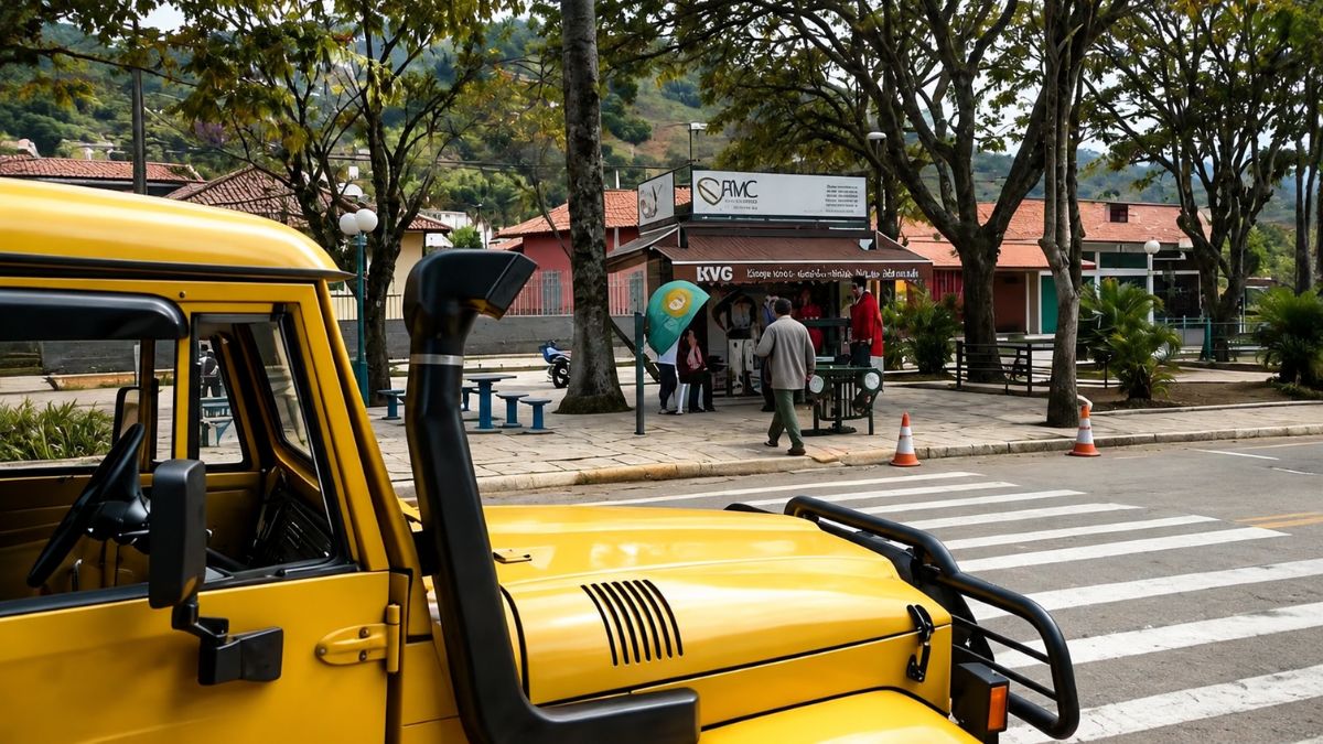 Fotografia da praça central de Ipiabas com quiosque comercial ao fundo, destacando a parte frontal de um jipe amarelo em primeiro plano e faixa de pedestres na rua.