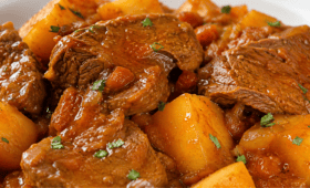 close-up de um prato com fraldinha fatiada em cubos grandes, cozida na panela de pressão, imersa em um molho marrom concentrado com rodelas de cebolas cozidas. O prato está servido com arroz branco e polenta.