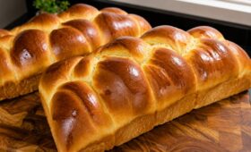 Foto em close de dois pães sovados grandes, recém assados, sobre uma tábua de madeira rústica, com casca dourada e brilhante.