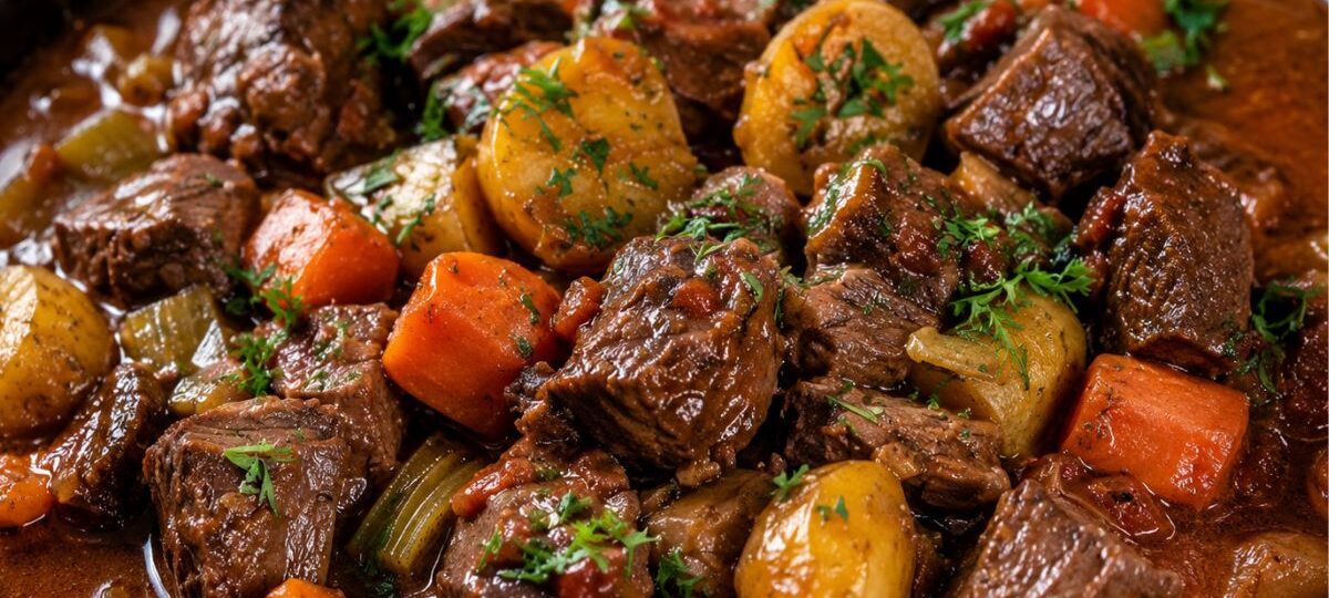 Fotografia em close de um ensopado suculento de carne de panela com cubos de acém cozidos batatas cenouras pimentões e aipo envoltos em um molho marrom rico e salpicados com salsa fresca