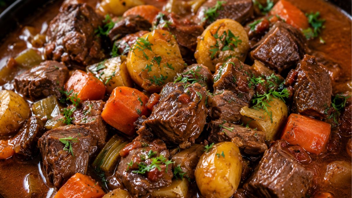 Fotografia em close de um ensopado suculento de carne de panela com cubos de acém cozidos batatas cenouras pimentões e aipo envoltos em um molho marrom rico e salpicados com salsa fresca