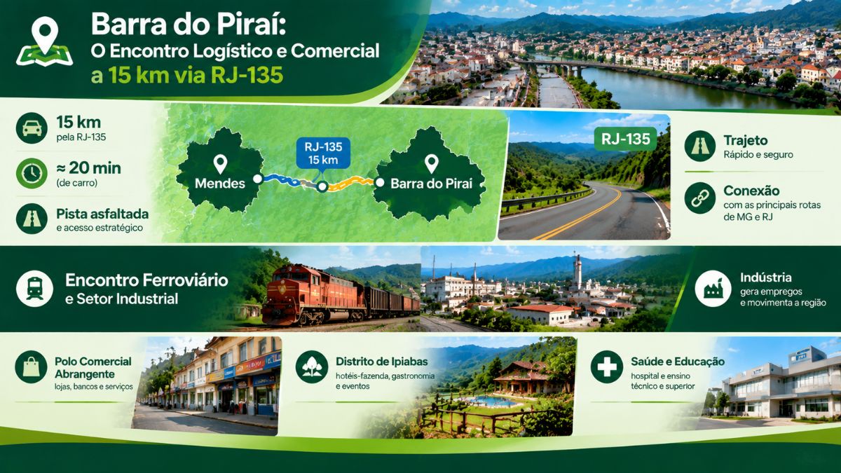 Infográfico da rota de Mendes para Barra do Piraí a 15 km via RJ 135 destacando comércio, indústria e o distrito de Ipiabas.