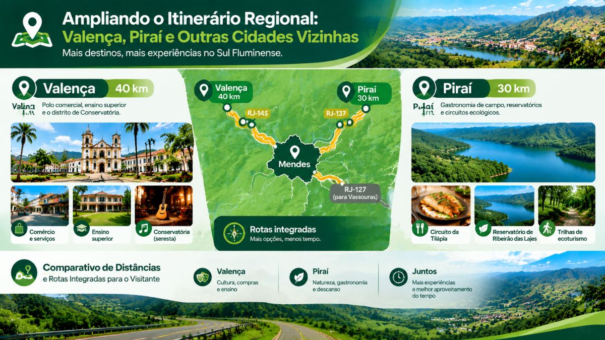Infográfico com mapa das rotas de Mendes para Valença a 40 km e Piraí a 30 km destacando atrativos turísticos e culturais.