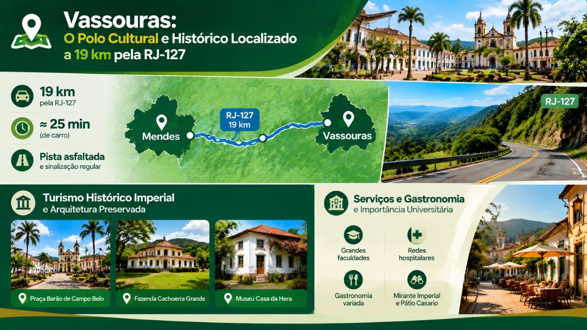 Infográfico da rota de Mendes para Vassouras a 19 km pela RJ 127 com destaque para turismo histórico imperial e gastronomia.