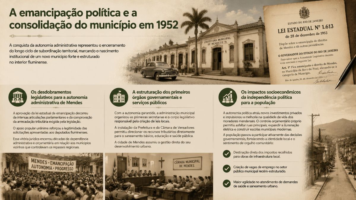 Infográfico explicativo sobre a emancipação política de Mendes RJ, exibindo a Lei Estadual número mil seiscentos e treze de 1952, o prédio da Prefeitura Municipal de Mendes, o plenário da Câmara Municipal e os impactos socioeconômicos da autonomia.