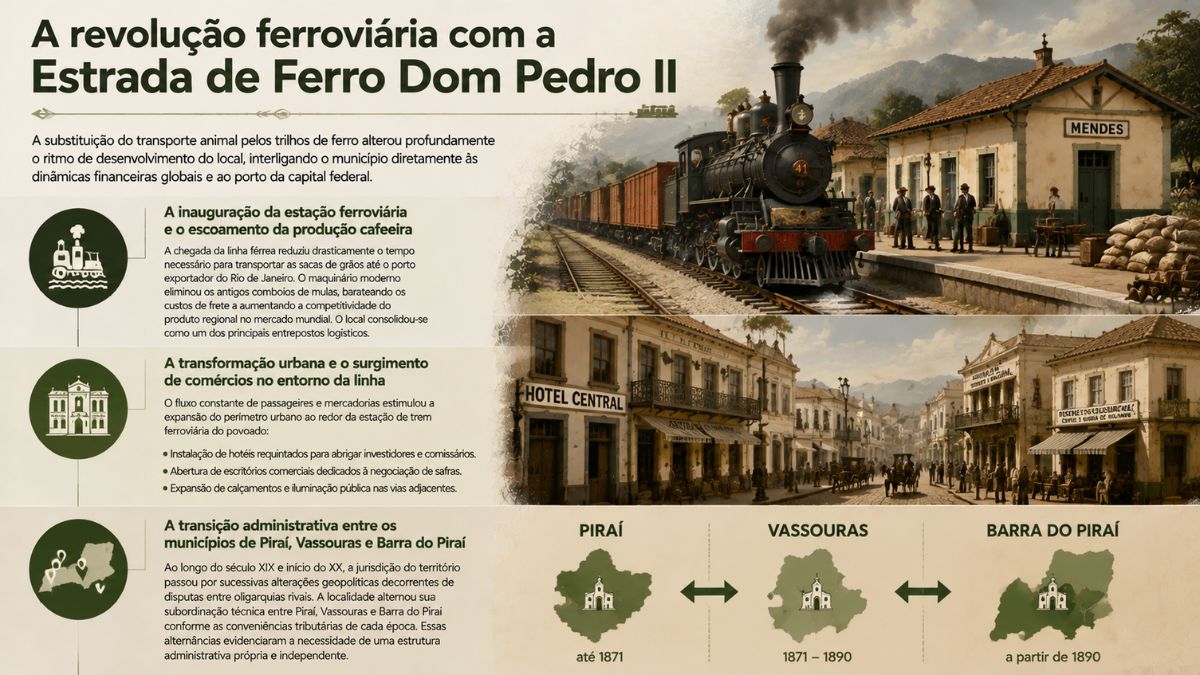 Infográfico sobre a revolução ferroviária em Mendes RJ, destacando a Maria Fumaça na antiga estação, a expansão do comércio local com hotéis e a transição administrativa entre Piraí, Vassouras e Barra do Piraí.
