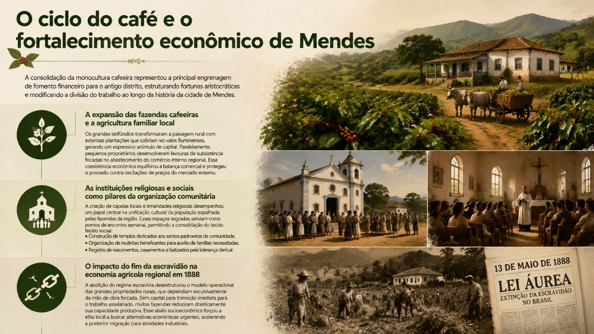 Infográfico detalhado sobre o ciclo do café e o fortalecimento econômico de Mendes no Rio de Janeiro, exibindo fazendas cafeeiras, igrejas coloniais, celebrações religiosas e referências históricas à abolição da escravidão em 1888.