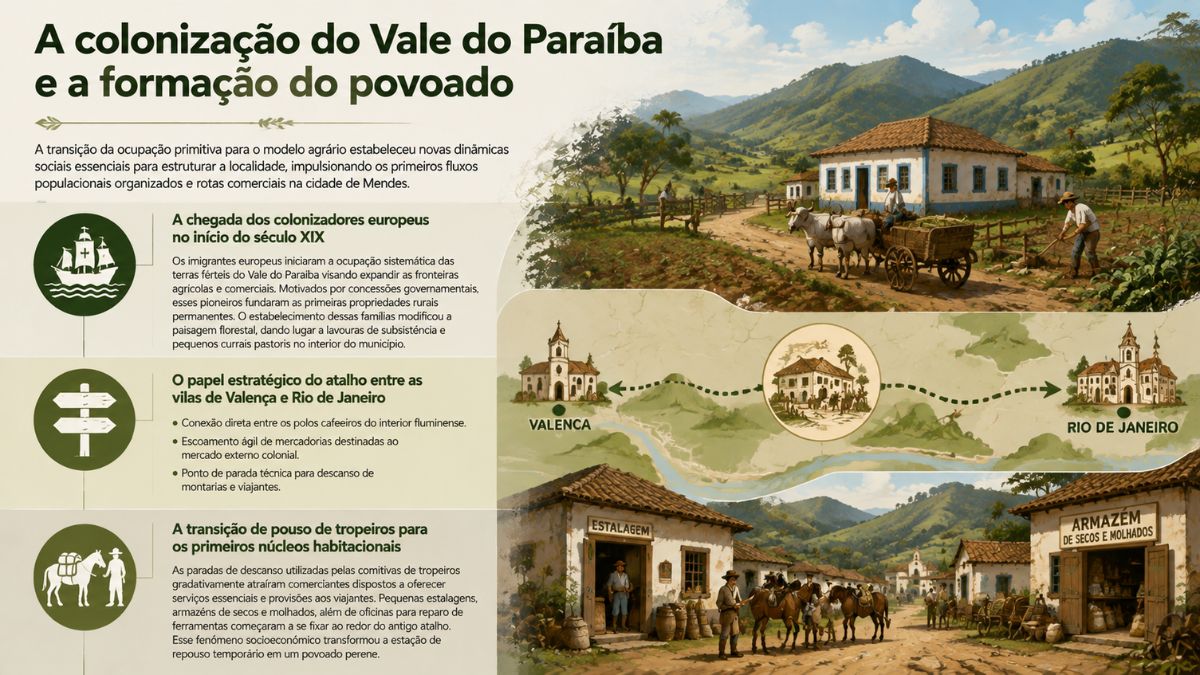 Infográfico explicativo sobre a colonização do Vale do Paraíba e a formação do povoado na cidade de Mendes, mostrando a chegada dos colonizadores europeus, o atalho entre Valença e o Rio de Janeiro e a transição de pouso de tropeiros para núcleo habitacional com estalagem e armazém.