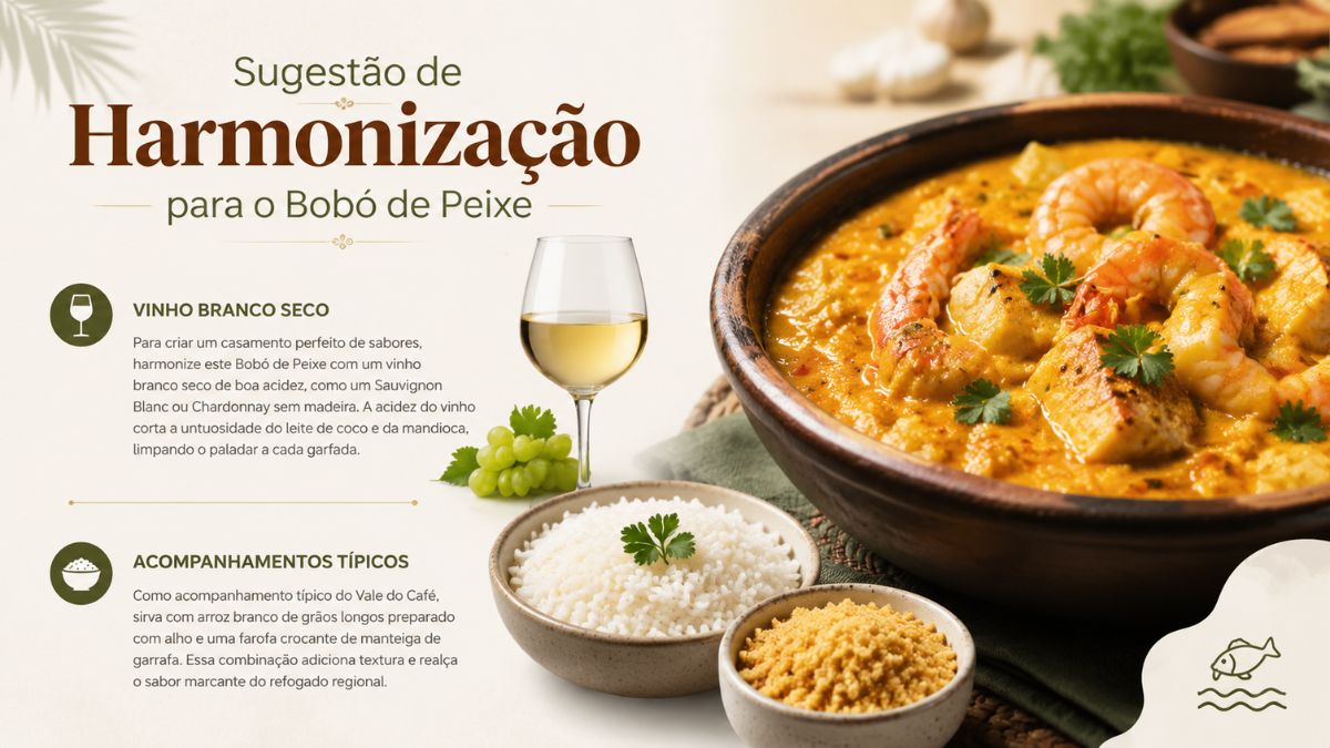 Infográfico explicativo sobre harmonização gastronômica apresentando uma tigela de barro com bobó de peixe e camarão, acompanhada de arroz branco, farofa de manteiga de garrafa e uma taça de vinho branco seco com uvas verdes.