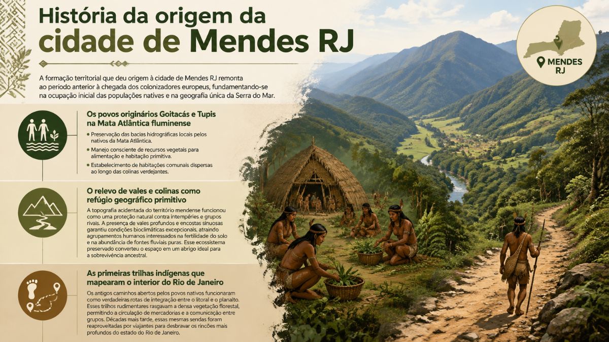 Infográfico ilustrado sobre a história da origem da cidade de Mendes no Rio de Janeiro, destacando os povos indígenas originários Goitacás e Tupis, a geografia dos vales da Mata Atlântica e as primeiras trilhas do interior fluminense.