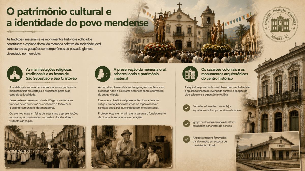 Infográfico sobre o patrimônio cultural e a identidade de Mendes RJ, exibindo festas religiosas de São Sebastião e São Cristóvão, preservação da memória oral, casarões coloniais e a antiga estação ferroviária.