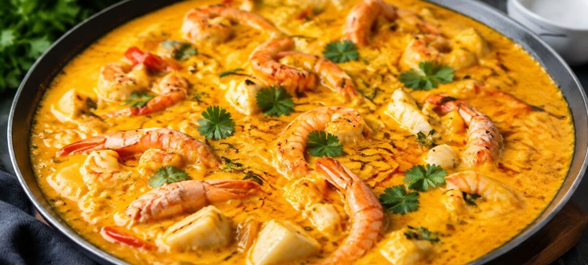 Panela grande e rasa repleta de bobó de peixe com creme amarelado de mandioca, leite de coco, pedaços macios de peixe e camarões inteiros finalizados com folhas de coentro fresco.