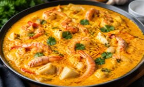 Panela grande e rasa repleta de bobó de peixe com creme amarelado de mandioca, leite de coco, pedaços macios de peixe e camarões inteiros finalizados com folhas de coentro fresco.