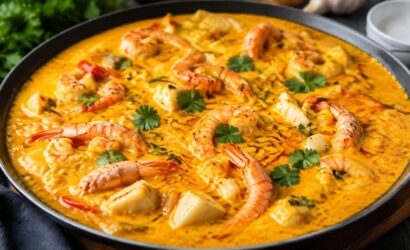 Panela grande e rasa repleta de bobó de peixe com creme amarelado de mandioca, leite de coco, pedaços macios de peixe e camarões inteiros finalizados com folhas de coentro fresco.
