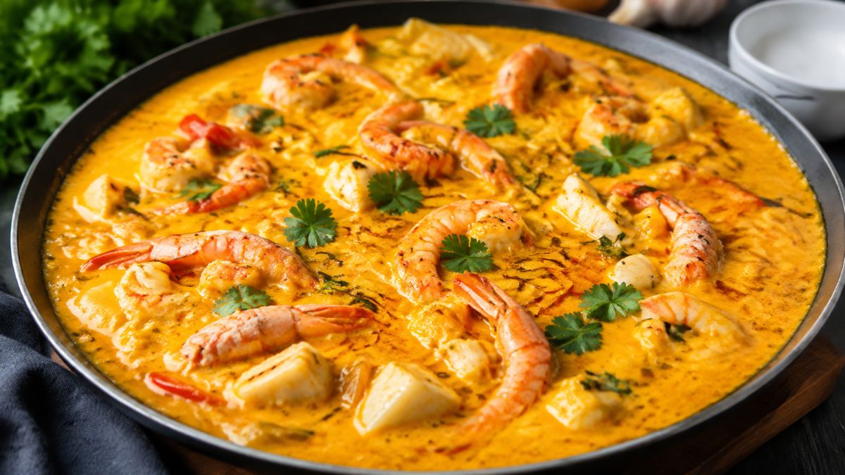 Panela grande e rasa repleta de bobó de peixe com creme amarelado de mandioca, leite de coco, pedaços macios de peixe e camarões inteiros finalizados com folhas de coentro fresco.